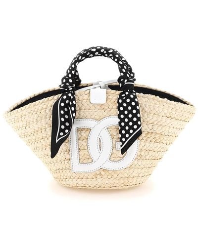 Dolce & Gabbana Kendra Small Straw Bag With Dg Logo - Natural