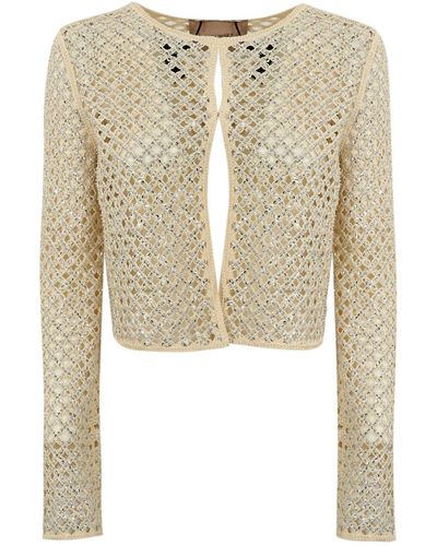 Twin Set Mesh Cardigan With Beads And Rhinestones - Natural