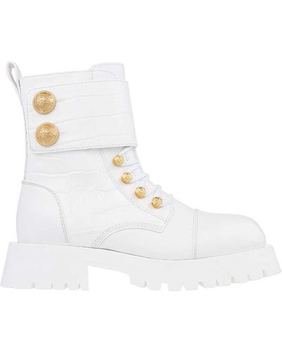 Balmain Leather Lace-Up Boots - White