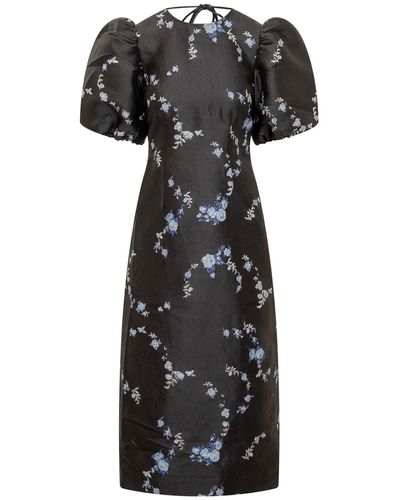 Ganni Floral-jacquard Midi Dress - Black