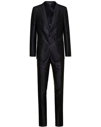 Dolce & Gabbana 'martini' Black Single-brested Tuxedo Suit In Silk Lamé Jacquard Man