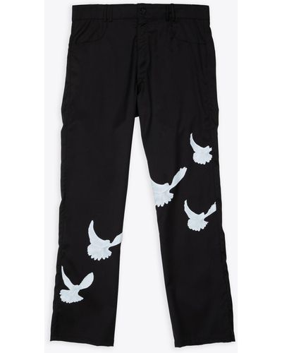 3.PARADIS Singing Doves Cotton Wide Pants Black Wool Tailored Pant With Doves Print - Singing Doves Pants