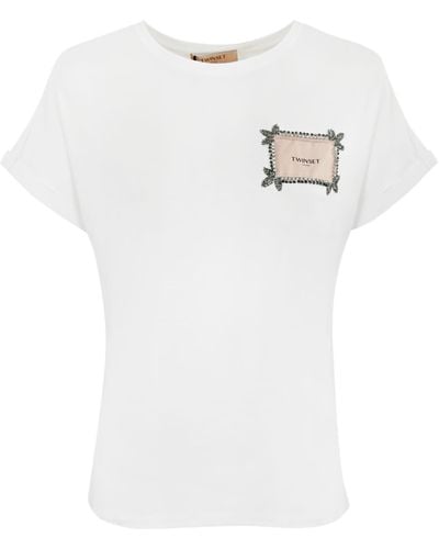 Twin Set T-Shirt With Label And Rhinestones - White