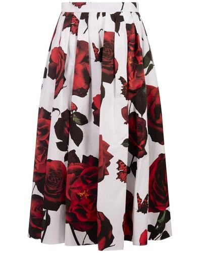 Alexander McQueen Pleated Midi Skirt With Tudor Rose Print - White