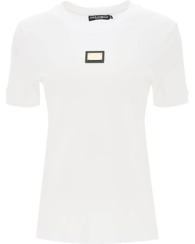 Dolce & Gabbana T Shirt With Logoed Metal Plaque - White