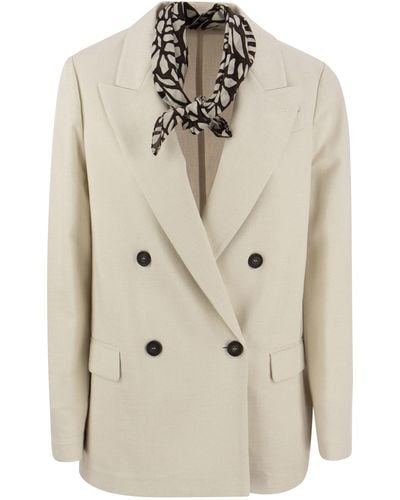 Brunello Cucinelli Sparkling Cotton And Viscose Twill Jacket With Ramage Print Necklace And Scarf - Natural