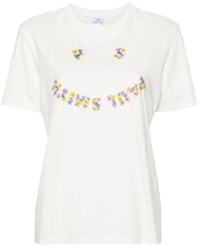 PS by Paul Smith Floral Happy-print Cotton T-shirt - White