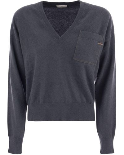 Brunello Cucinelli Cashmere Sweater With Pocket - Blue