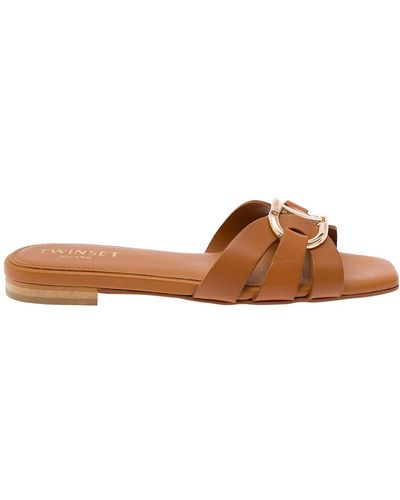 Twin Set Mules With Oval T Logo - Brown