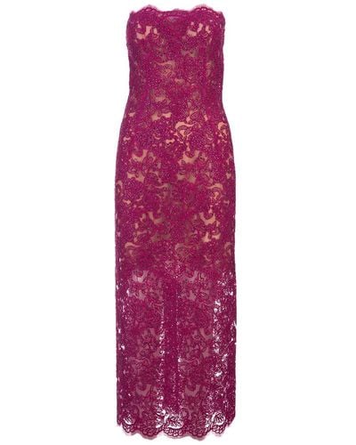 Ermanno Scervino Fuchsia Lace Longuette Dress With Micro Crystals - Purple