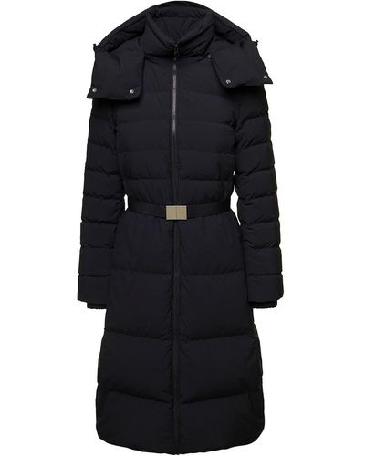 Burberry Long Black Hooded Down Coat With Matching Belt In Nylon