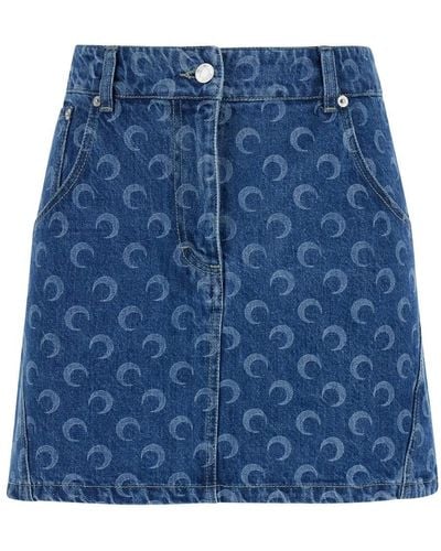 Marine Serre Blue Mini Skirt With 'crescenti Moon' Print In Denim Woman