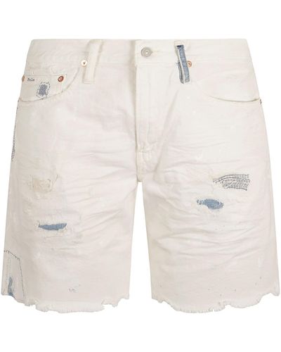 Ralph Lauren Logo Patched Distressed Denim Shorts - White