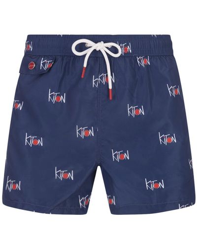 Kiton Navy Swim Shorts With All-over Logo - Blue
