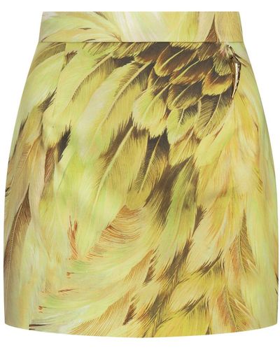Roberto Cavalli Mini Skirt With Plumage Print In Green - Yellow