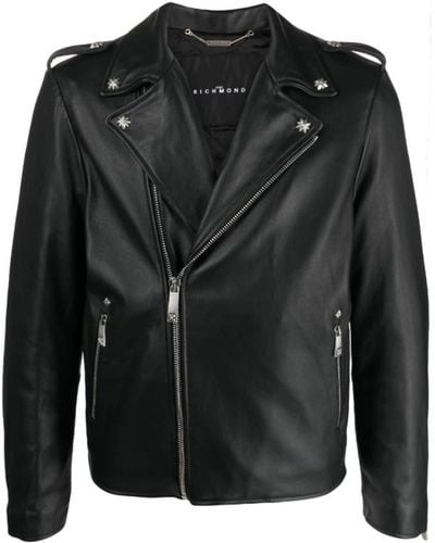 John Richmond Leather Jacket With Print On The Back - Gray