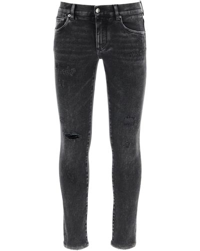 Dolce & Gabbana Stretch Skinny Jeans With Logo Plaque - Gray