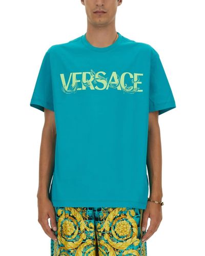 Versace T-Shirt With Baroque Logo - Blue