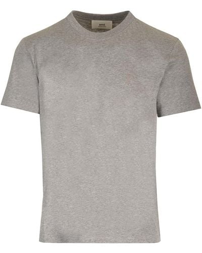 Ami Paris Logo-embroidered Cotton T-shirt - Gray