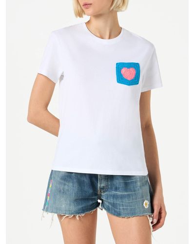 Mc2 Saint Barth Cotton T-Shirt With Heart Crochet Pocket - White