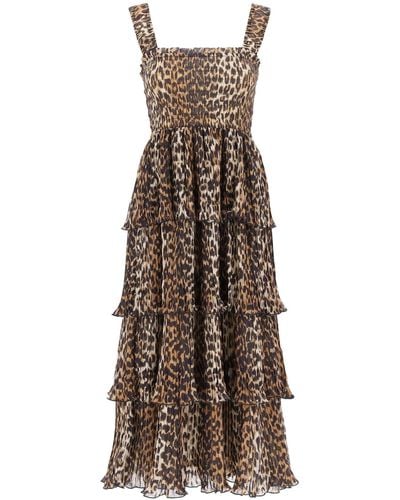 Ganni Pleated Long Dress With Leopard Motif - Natural