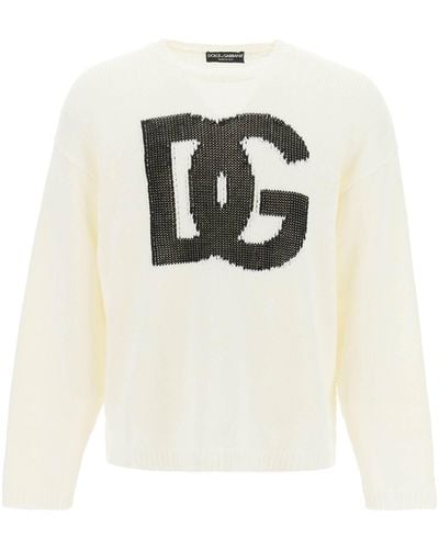 Dolce & Gabbana Crewneck Pullover With Jacquard Logo - White