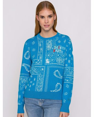 Mc2 Saint Barth Woman Sweater With Bandanna Print And Saint Barth Embroidery - Blue