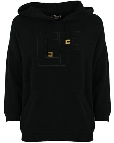 Elisabetta Franchi Bouclé Cotton Sweatshirt With Logo On The Front - Black