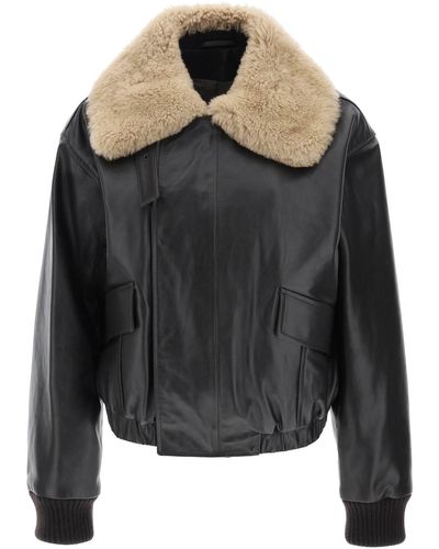 Lemaire Leather Blouson Jacket With Shearling Collar - Black
