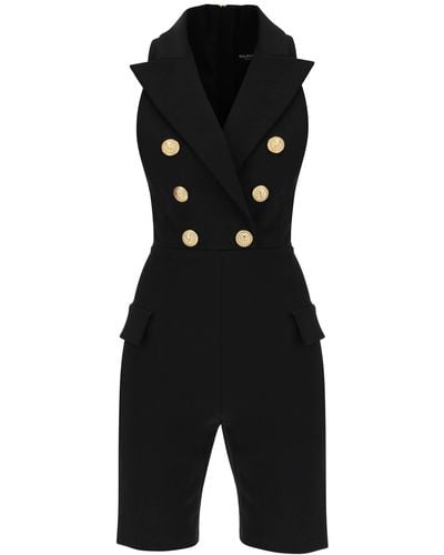 Balmain Short Jumpsuit With Embossed Buttons - Black