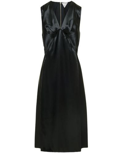 Bottega Veneta Midi Dress With Rouche Detail And V Neck In - Black