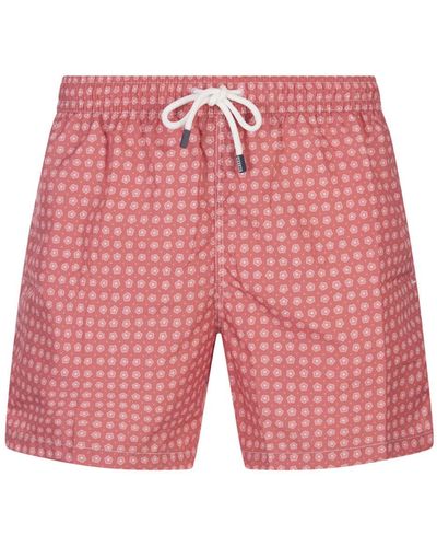 Fedeli Dark Swim Shorts With Micro Flower Pattern - Red