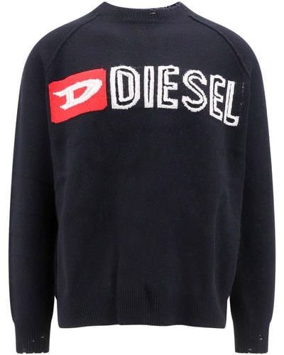 DIESEL Wool Crewneck Sweater With Cut-up Logo - Black