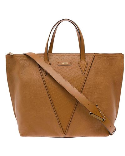 Versace Logo Embossed Zipped Tote Bag - Brown