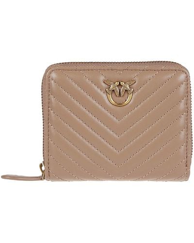 Pinko Logo Plaque Quilted Zipped Wallet - Natural