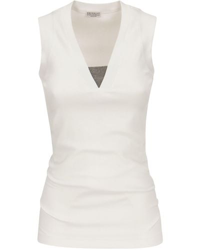 Brunello Cucinelli Stretch Cotton Rib Jersey Top With "precious Insert" - White