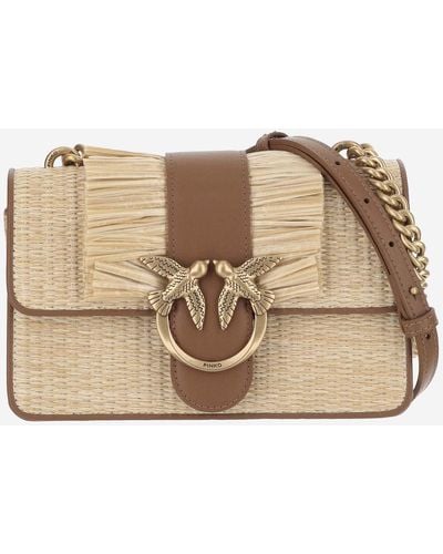 Pinko Mini Love Light Bag Made Of Raffia And Leather With Bangs - Natural