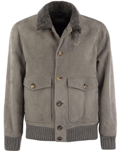 Brunello Cucinelli Sheepskin Bomber Jacket With Wool Details - Gray