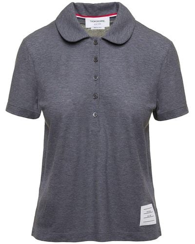 Thom Browne Gray Polo Shirt With Peter-pan Collar And Logo Patch In Cotton Woman - Blue