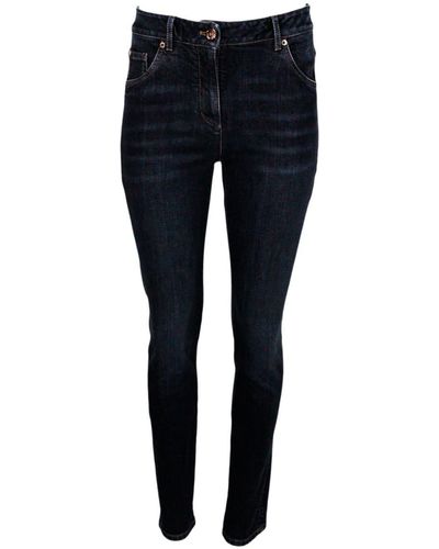 Brunello Cucinelli 5-pocket Stretch Denim Slim Jeans Trousers With Monili On The Back Pocket - Blue