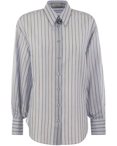 Brunello Cucinelli Sparkling Stripe Cotton-Silk Poplin Shirt With Necklace - Grey