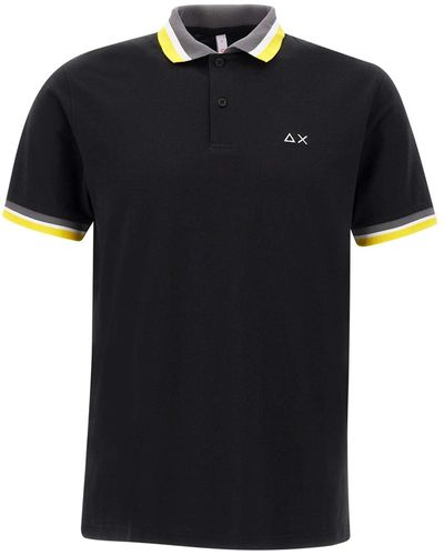 Sun 68 Collar Multistripes Cotton Polo Shirt - Black