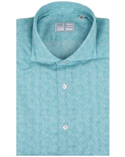 Fedeli Light Panamino Sean Shirt With Micro Pattern - Blue