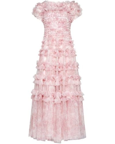 Needle & Thread Fleur De Lis Floral Print Off-shoulder Gown - Pink