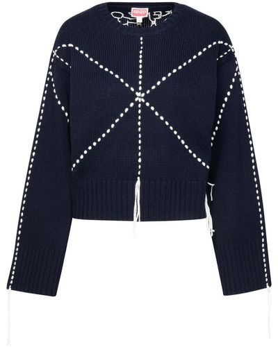 KENZO Sashiko Stitch Sweater In Navy Wool Blend - Blue