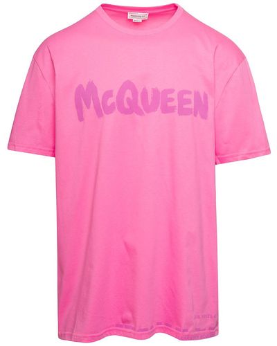 Alexander McQueen Crew Neck T-shirt With Logo Print On The Chest In Cotton - Pink