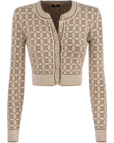 Elisabetta Franchi Jacquard Logo Knit Crop Cardigan - Natural