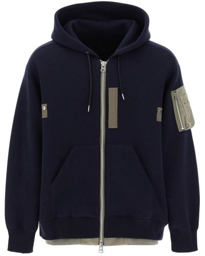 Sacai Full Zip Hoodie With Contrast Trims - Blue