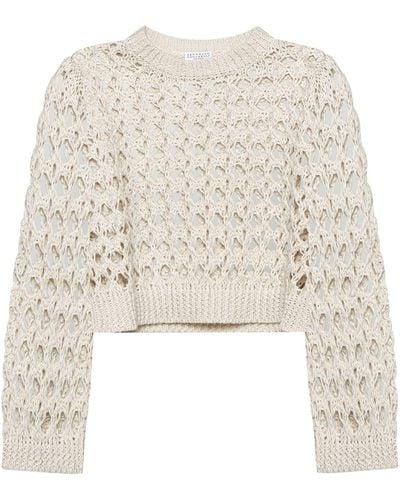 Brunello Cucinelli Crochet Knit Cropped Sweater - White