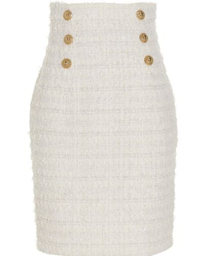 Balmain Logo Button Tweed Skirt - White